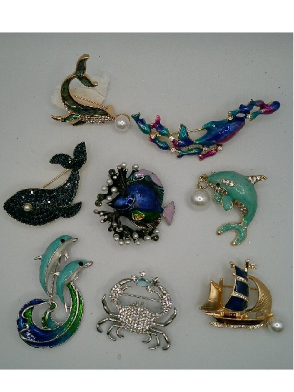 Beach Nautical Fish Brooch Pin Lot of 8 - Dolphin Whale crab fish